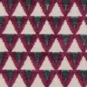 Repeating triangular textile pattern in off-white, burgundy, and teal with a looped pile texture; “amuleto rubino” fabric by Dedal, miniforms “g” collection.
